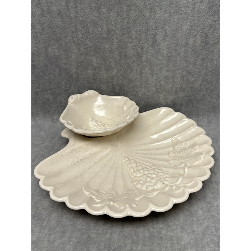 Kingwood Ceramics Chip and Dip Serving Bowl Cream Shell Grape Embossed Vintage
